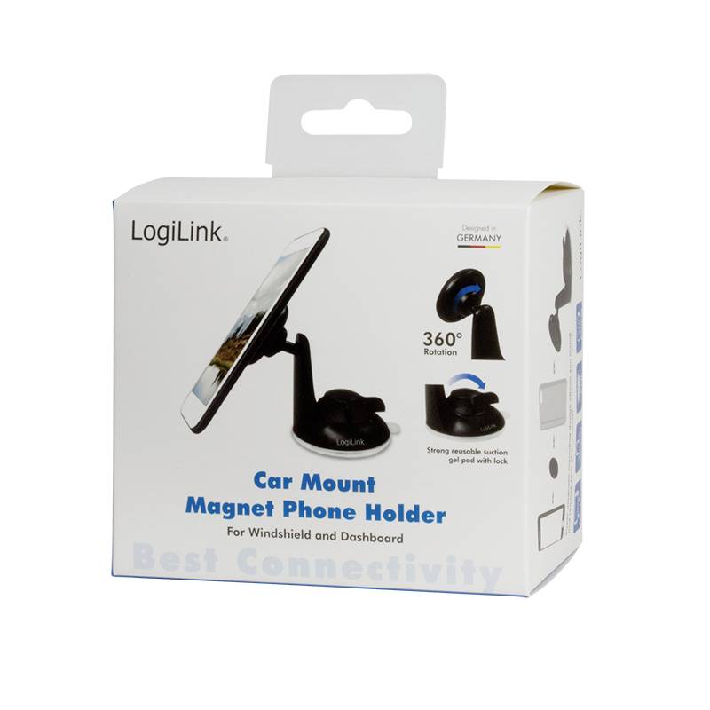 'LogiLink bilhållare med magnet för smartphones, lämplig för vindruta och instrumentbräda, 360° vridbar.'