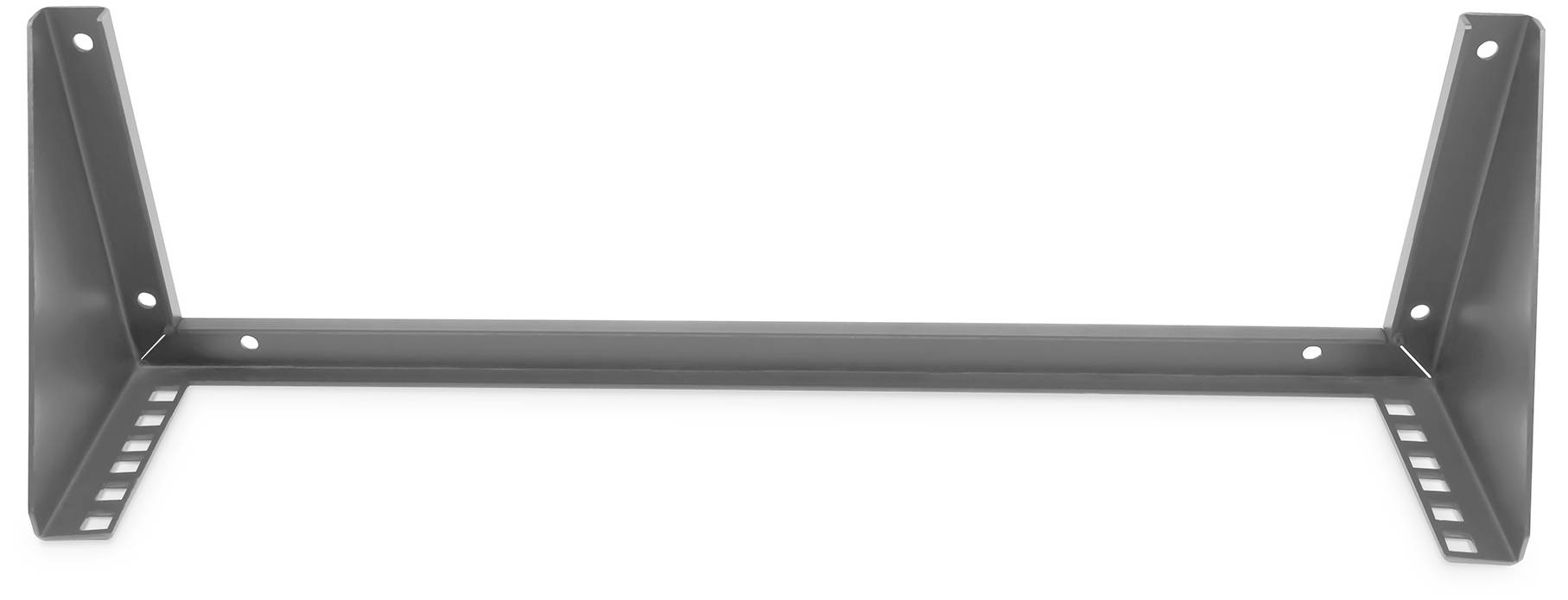 Metallvinkelbeslag med åtta hål för montering, i L-form, med en tvärgående balk. Används för stabila konstruktioner.