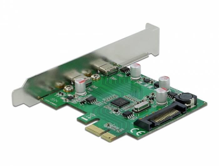 Ett grönt PCI Express-expanderkort med en SATA-anslutning, kontaktdon och kondensatorer, för datortillbyggnad.