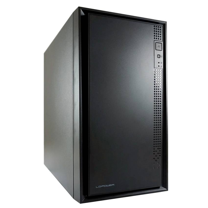 Svart datorhölje med synlig framsida. Längst upp till höger finns strömknappen och en USB-port.
