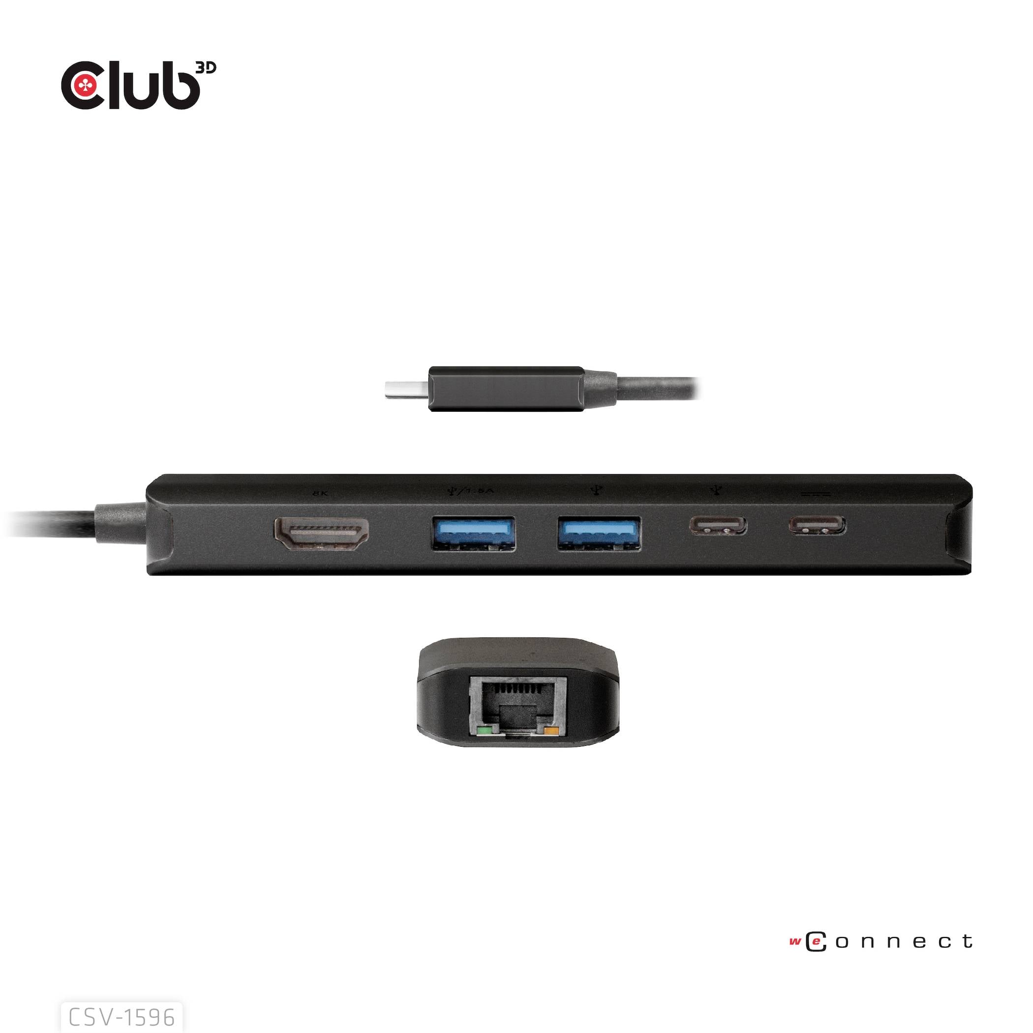 USB-C-adaptern visar anslutningar: HDMI, två USB 3.0, USB-C och Ethernet. Perfekt för utökad konnektivitet på enheter.