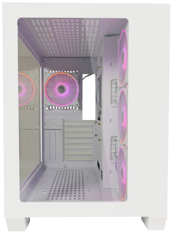 Vitt datorhölje med fönster, fyra belysta fläktar med rosa ljus inuti, lämplig för PC-byggen.