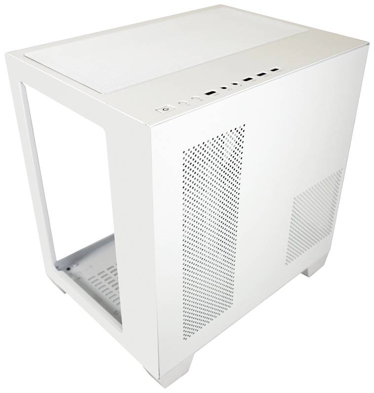 Vitt datorhölje med synlig ventilation på sidan och flera anslutningar ovanpå. Lämplig för PC-byggprojekt.