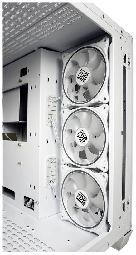 Insidan av en datorlåda med tre vita fläktar monterade på rad.