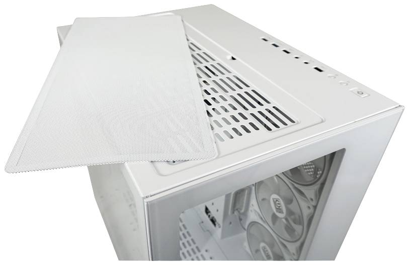 Datorhölje med glasfönster, visar installerade fläktar och ett avtagbart dammfilter på det övre gallret.