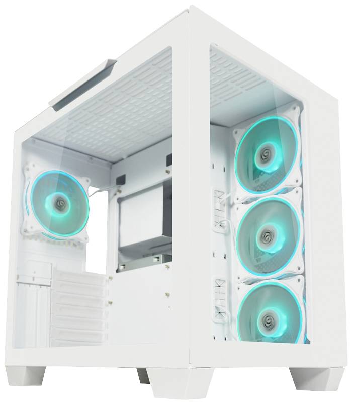 Ett vitt datorhölje med sex belysta fläktar som har ett blått sken. Höljet har en transparent sidopanel.