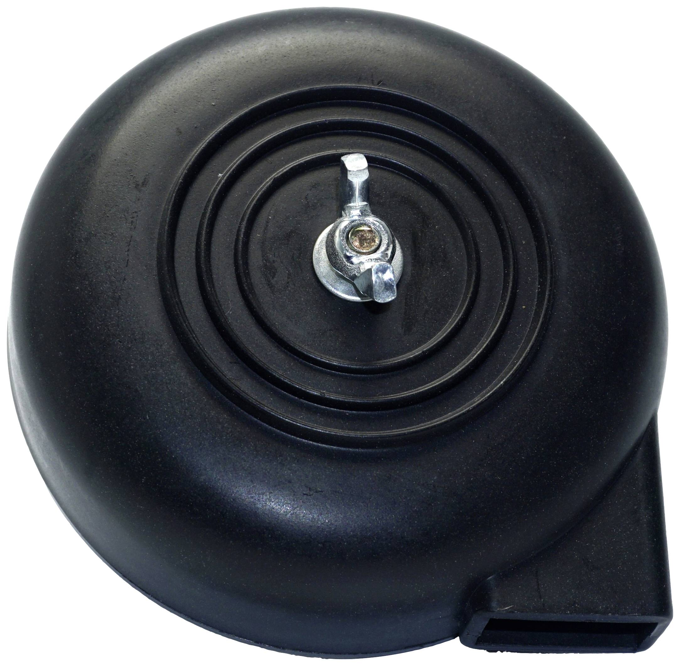 Svart, rund cykelklocka med silverfärgad slagmekanism i mitten.