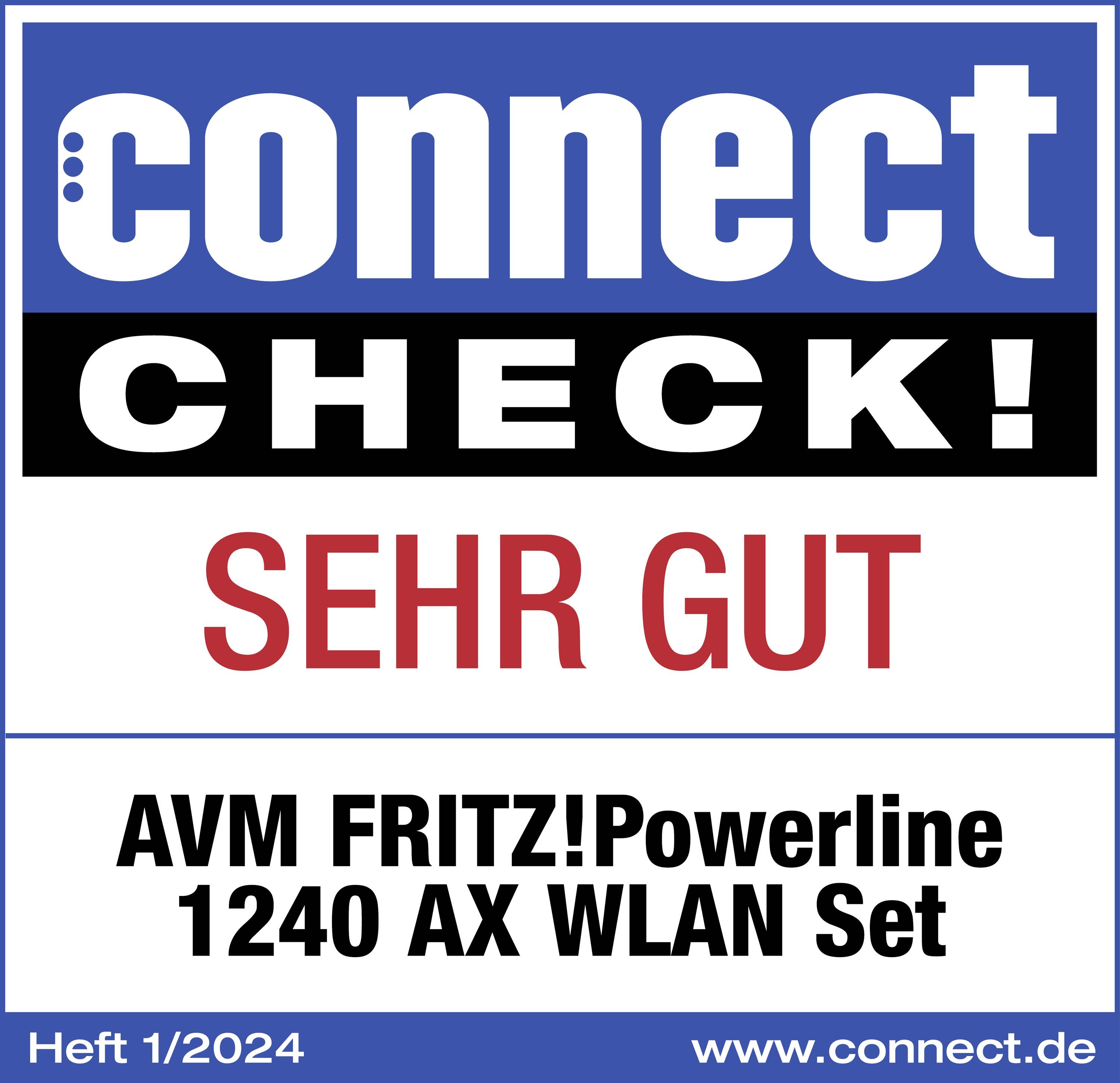 'connect KOLL! MYCKET BRA' och 'AVM FRITZ!Powerline 1240 AX WLAN Set' från häfte 1/2024 från connect.de.