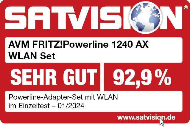 AVM FRITZ!Powerline 1240 AX WLAN Set testades individuellt av Satvision och fick betyget 'MYCKET BRA' med 92,9 %.
