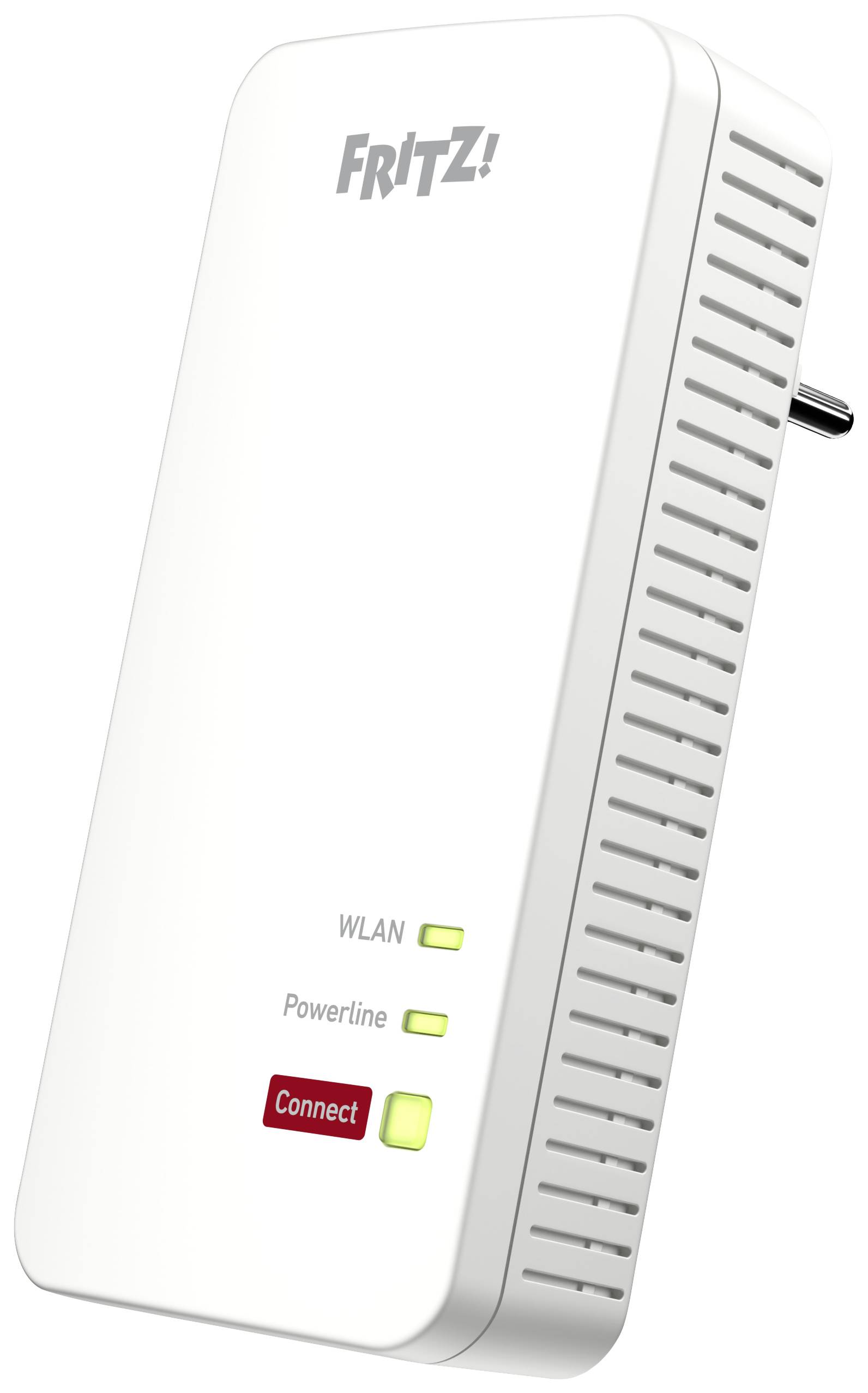 En vit Fritz! Powerline-adapter med vägguttag. Tre lysdioder visar WLAN, Powerline och anslutningsstatus.