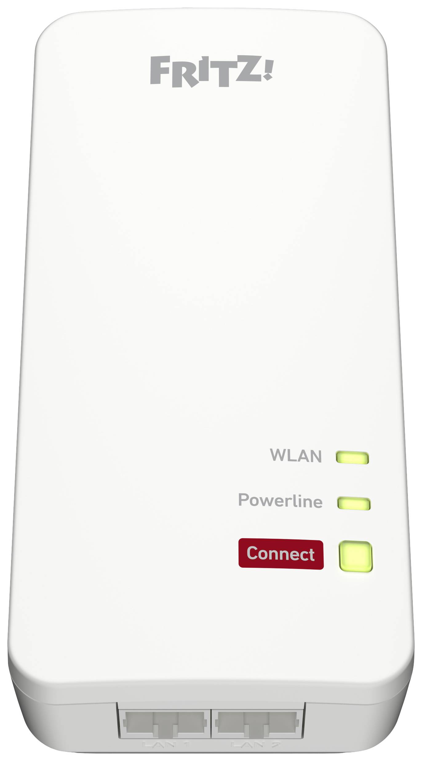 Fritz Powerline-adapter med WLAN- och Powerline-indikatorer, anslutningsknapp. Vitt enhetsverktyg med varumärkesnamnet högst upp.