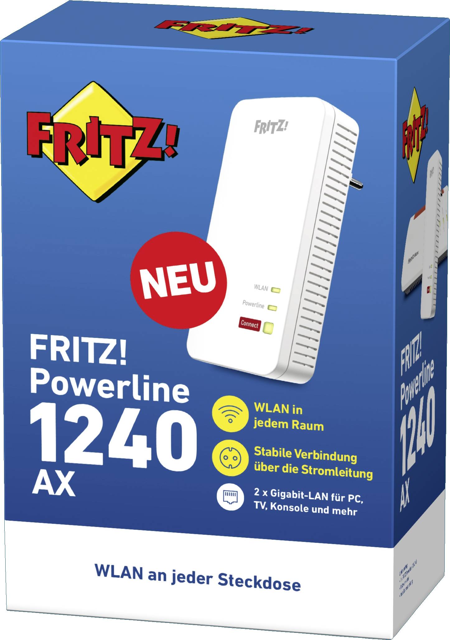 'FRITZ! Powerline 1240 AX' förpackning: WLAN och LAN-anslutning via elnätet, stabil internetanslutning, lämplig för PC och konsol.