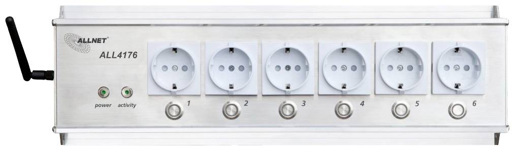 Sexportslist med WiFi-antenn, switchar 1-6 och statuslampor för 'ström' och 'aktivitet'.
