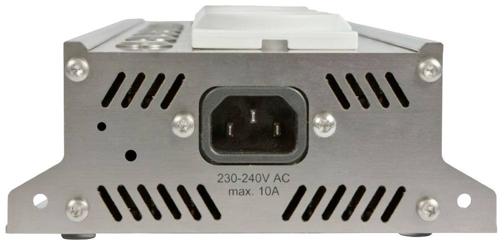 Bakifrån av en elektrisk apparat med nätadapteranslutning. Text: '230-240V AC, max. 10A'.