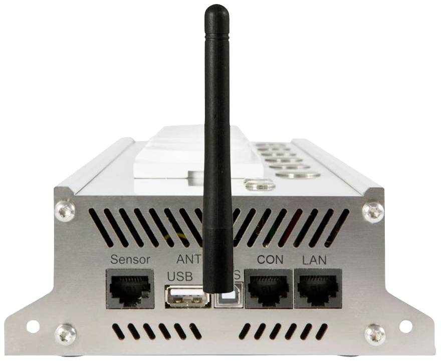 En metallenhet med antenn visar anslutningar för sensor, USB, konsol (CON) och LAN på baksidan.
