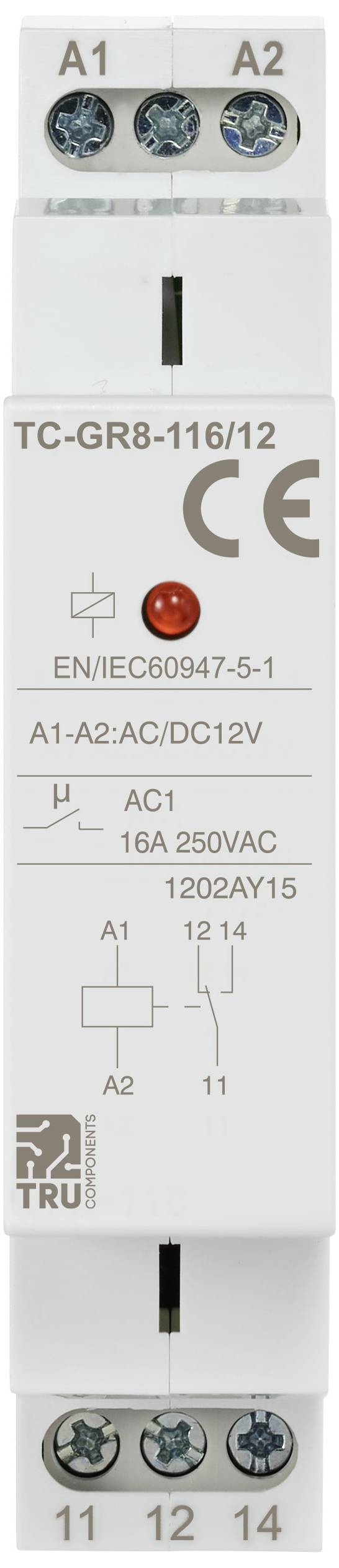 Relämodul TC-GR8-116/12: DIN-skena, CE-märkt, A1-A2: AC/DC 12V, Kontakt: 16A 250VAC. Tillverkare: TRU Components.