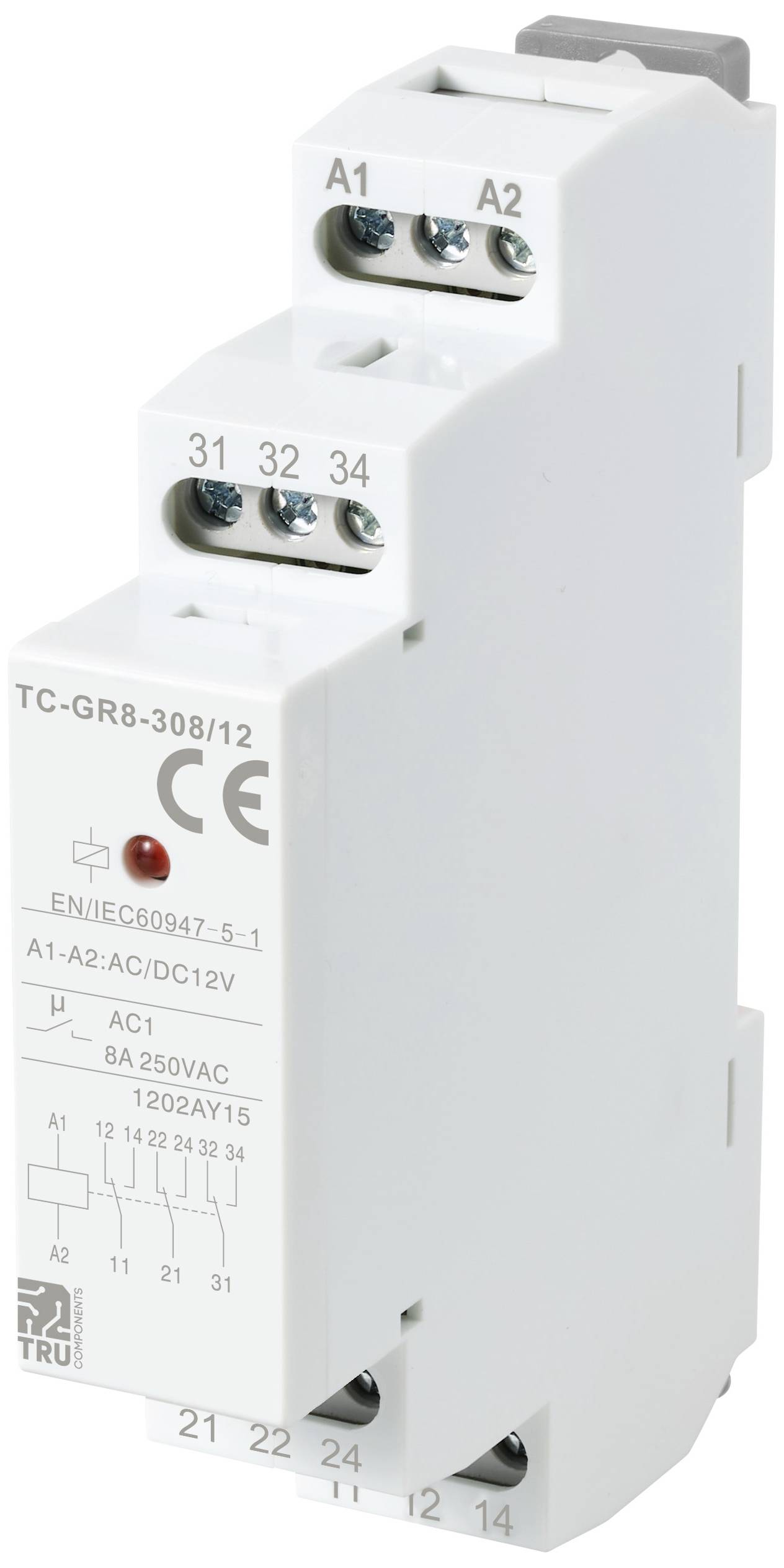 'En tidreläenhet TC-GR8-30B/12 med CE-märkning. Märkningar inkluderar EN/IEC60947-5-1, A1-A2: AC/DC12V, och anslutningar A1, A2, 31, 32, 34.'