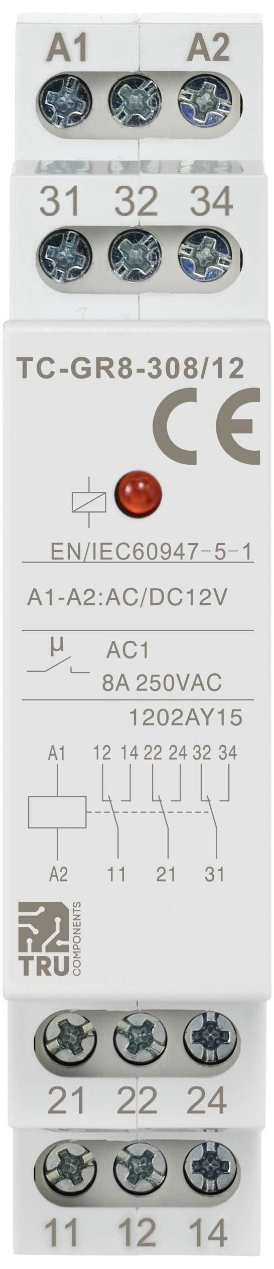 Ett elektriskt relämodul med skruvklämmor, CE-märkning, specifikationer 'AC/DC 12V' och '8A 250VAC'. Modellnummer: TC-GR8-308/12.