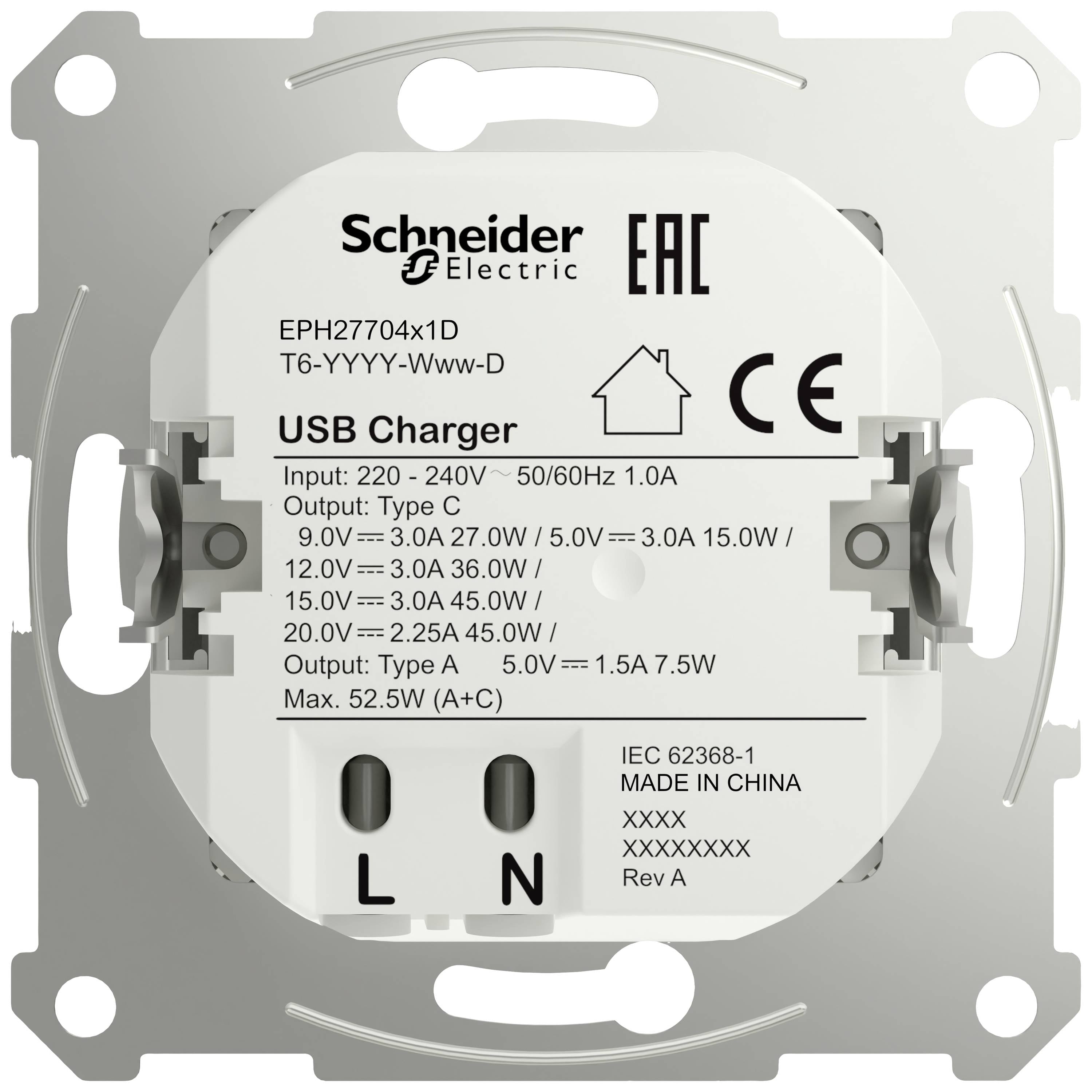 'USB-laddare från Schneider Electric, modell EPH27704x1D. Ingång: 220-240V, 50/60Hz, 1,0A. Utgångar för olika spänningar upp till 15W.'