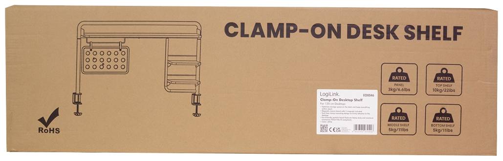 En kartong märkt 'Clamp-On Desk Shelf'. Visar en skiss av hyllan, certifierad enligt RoHS, innehåller produktdetaljer för Logik.