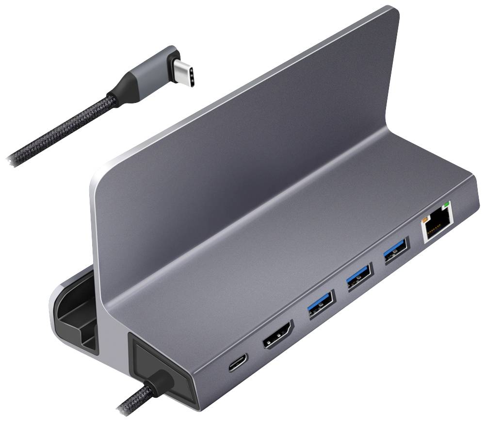 Laptop-dockningsstation med USB-C-anslutning, flera USB-3.0-portar, HDMI-utgång och Ethernet-anslutning för utökad konnektivitet.