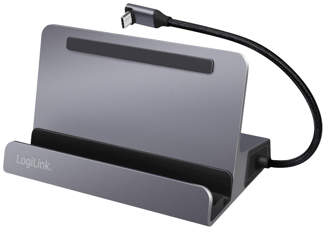 En grå LogiLink-apparathållare med USB-C-port erbjuder en stabil bas för surfplattor eller smartphones.