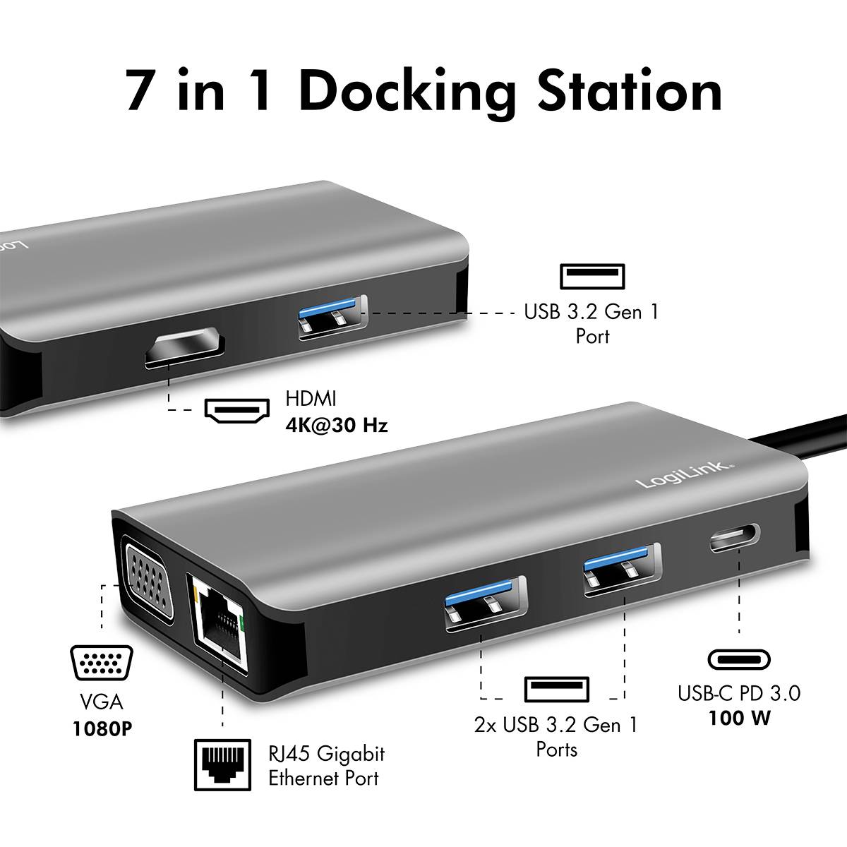 "7 i 1 Dockningsstation": Två enheter med HDMI, VGA, RJ45 Gigabit Ethernet, 2x USB 3.2 Gen 1, USB-C 3.0 och USB-C PD 3.0 anslutningar.