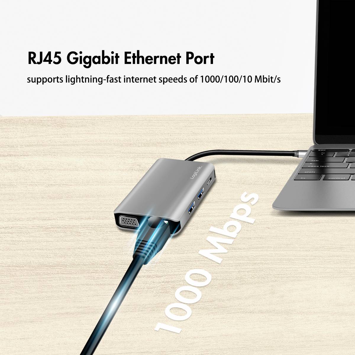 RJ45-Gigabit-Ethernet-adapter med kabel, ansluten till bärbar dator, text: '1000 Mbps'. Stöder internethastigheter på 1000/100/10 Mbit/s.