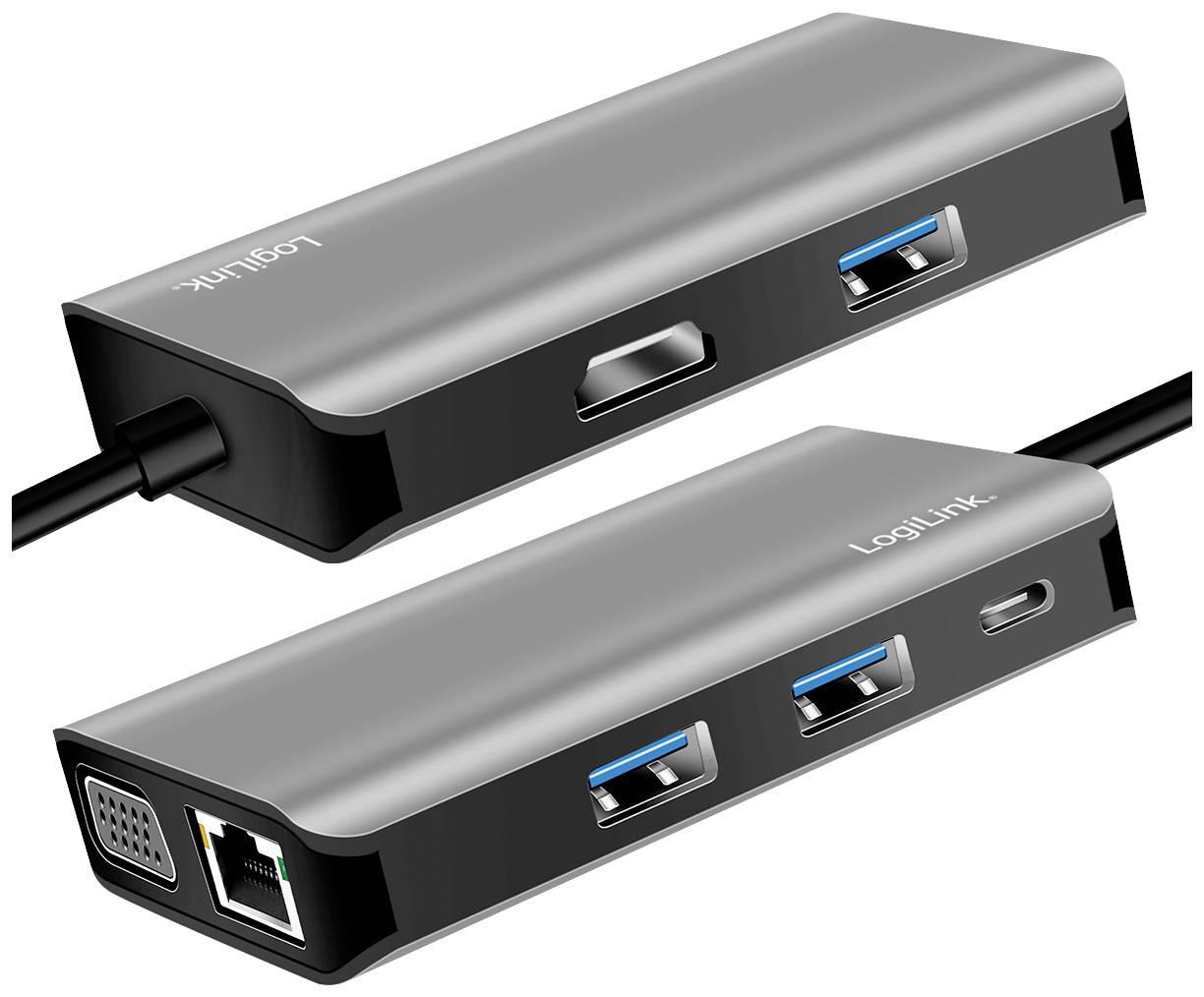 USB-C-adapter med anslutningar: HDMI, två USB-A, VGA, Ethernet. Lämplig för att ansluta flera enheter till en bärbar dator.