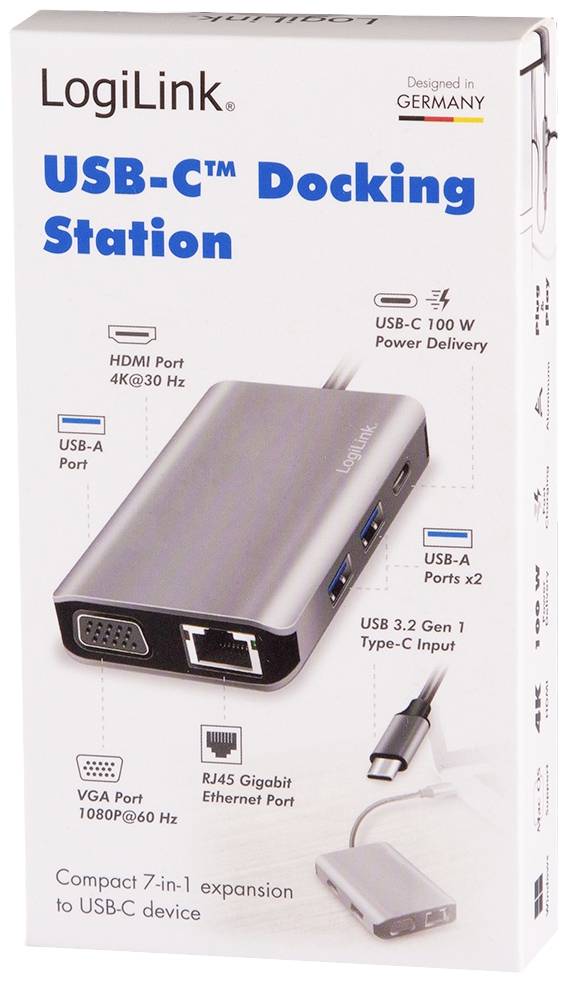 'LogiLink USB-C dockningsstation' förpackning. Visar produktbilden och framhäver funktioner som HDMI, USB-A-portar och Power Delivery.