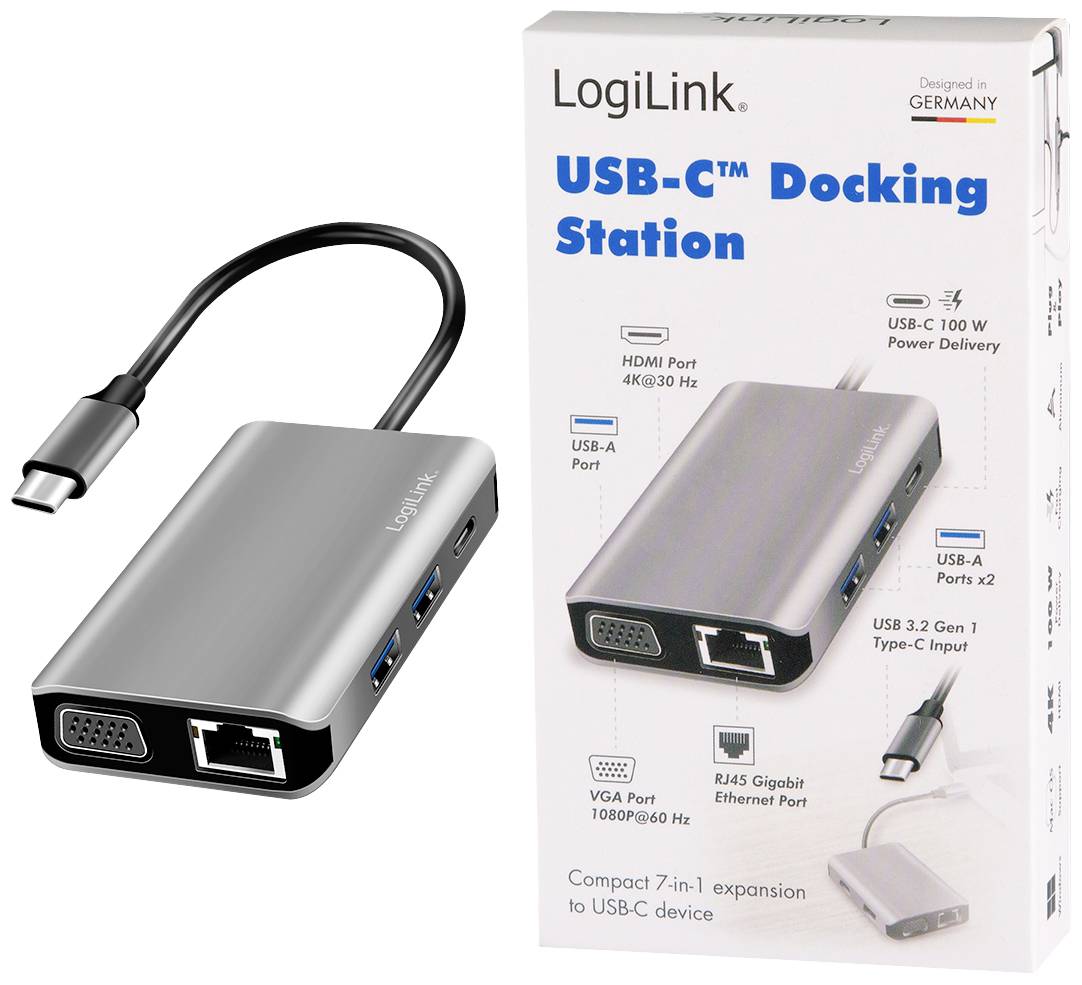 LogiLink USB-C dockningsstation, silverfärgad enhet med HDMI, USB, VGA, Ethernet och USB-C-anslutningar. Förpackning visad till höger.