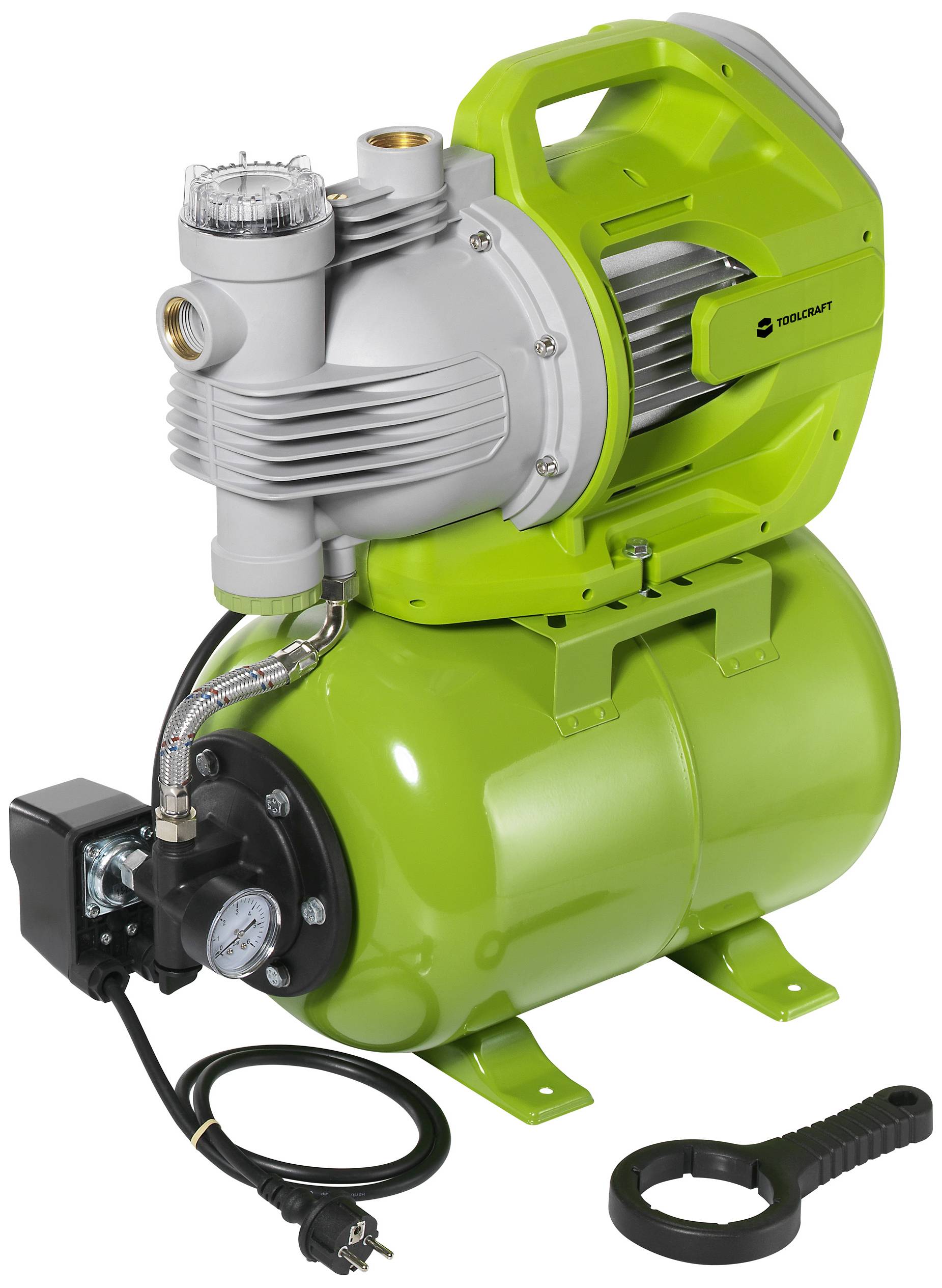 Kompakt grön vattenpump med svart slang och manometer, lämplig för hem- och trädgårdsbevattning.
