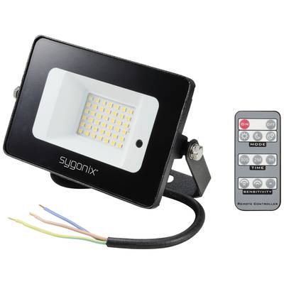 En LED-strålkastare med kablar och en fjärrkontroll med knappar för På/Av, Läge, Tid, Känslighet och en Timer.