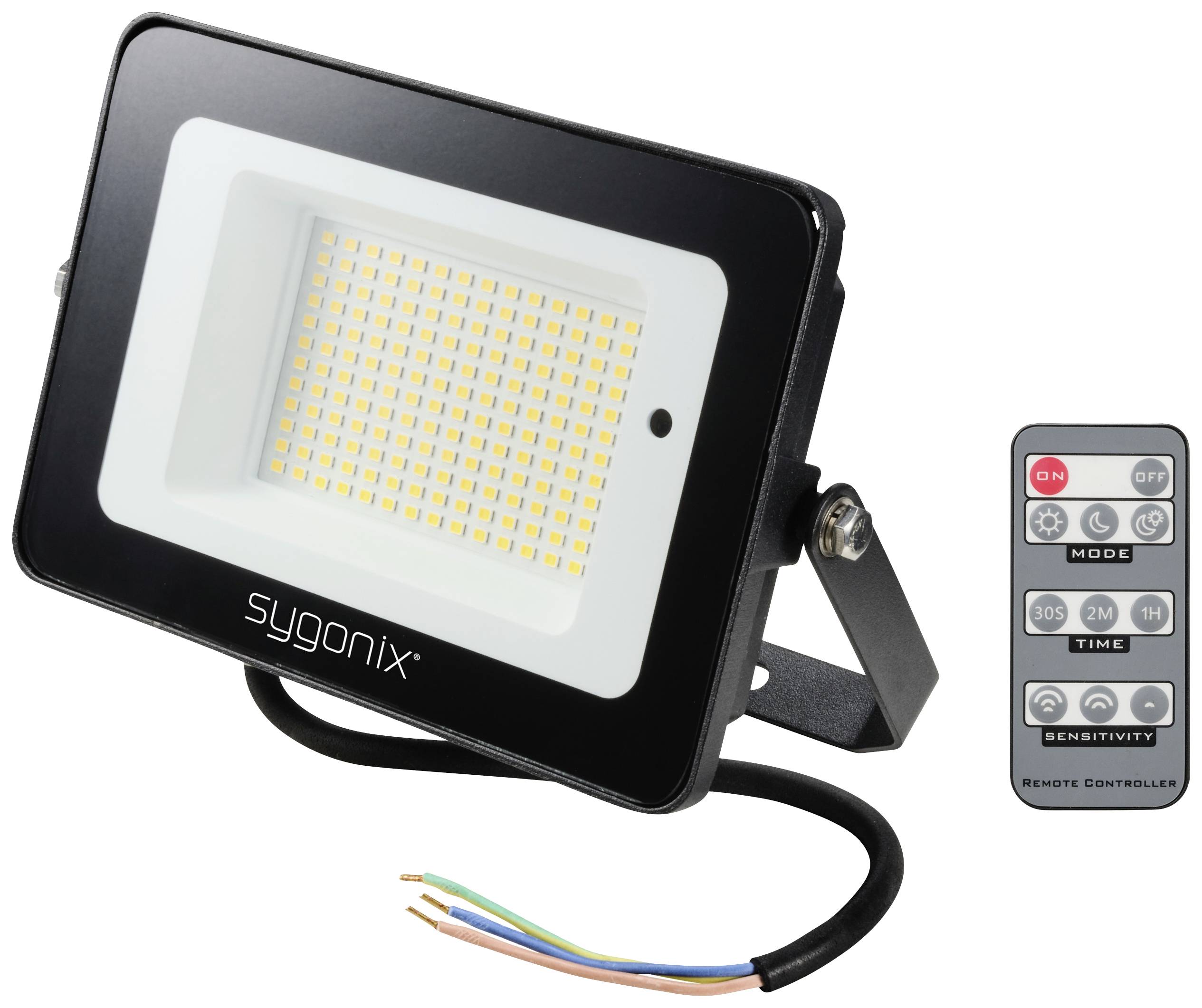 LED-strålkastare med väggfäste och kabel, bredvid en fjärrkontroll med knappar för läge, tid och känslighet.