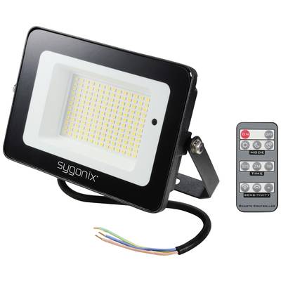 LED-strålkastare med väggfäste och kabel, bredvid en fjärrkontroll med knappar för läge, tid och känslighet.