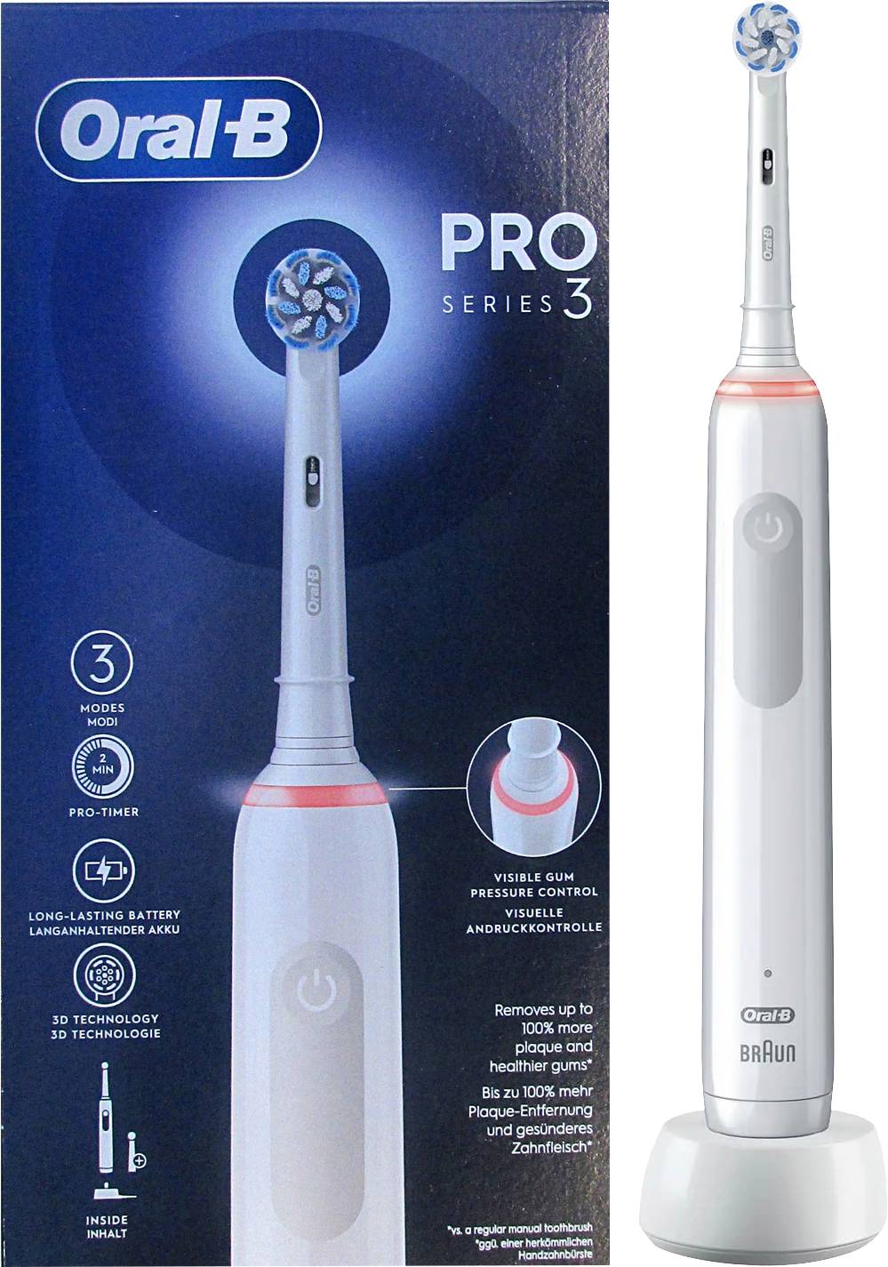 Elektrisk tandborste Oral-B Pro 3 med roterande huvud och tre rengöringslägen. Förpackning och tandborste visas.