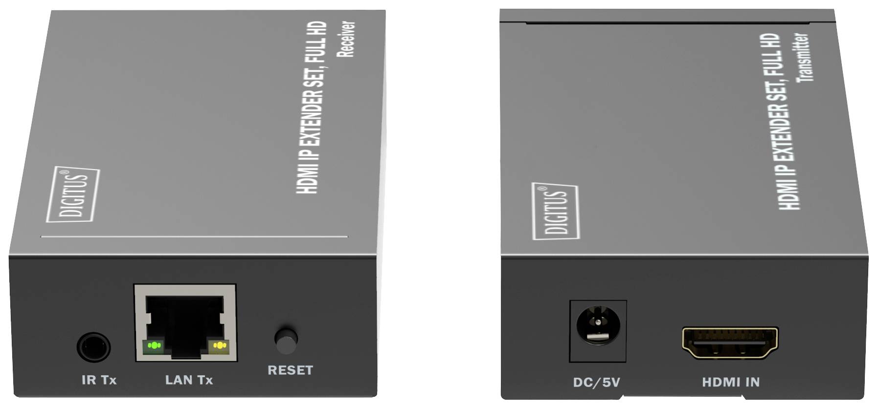 HDMI IP Extender-set bestående av mottagare och sändare, stöder Full HD. Innehåller anslutningar för IR, LAN, HDMI och strömförsörjning.