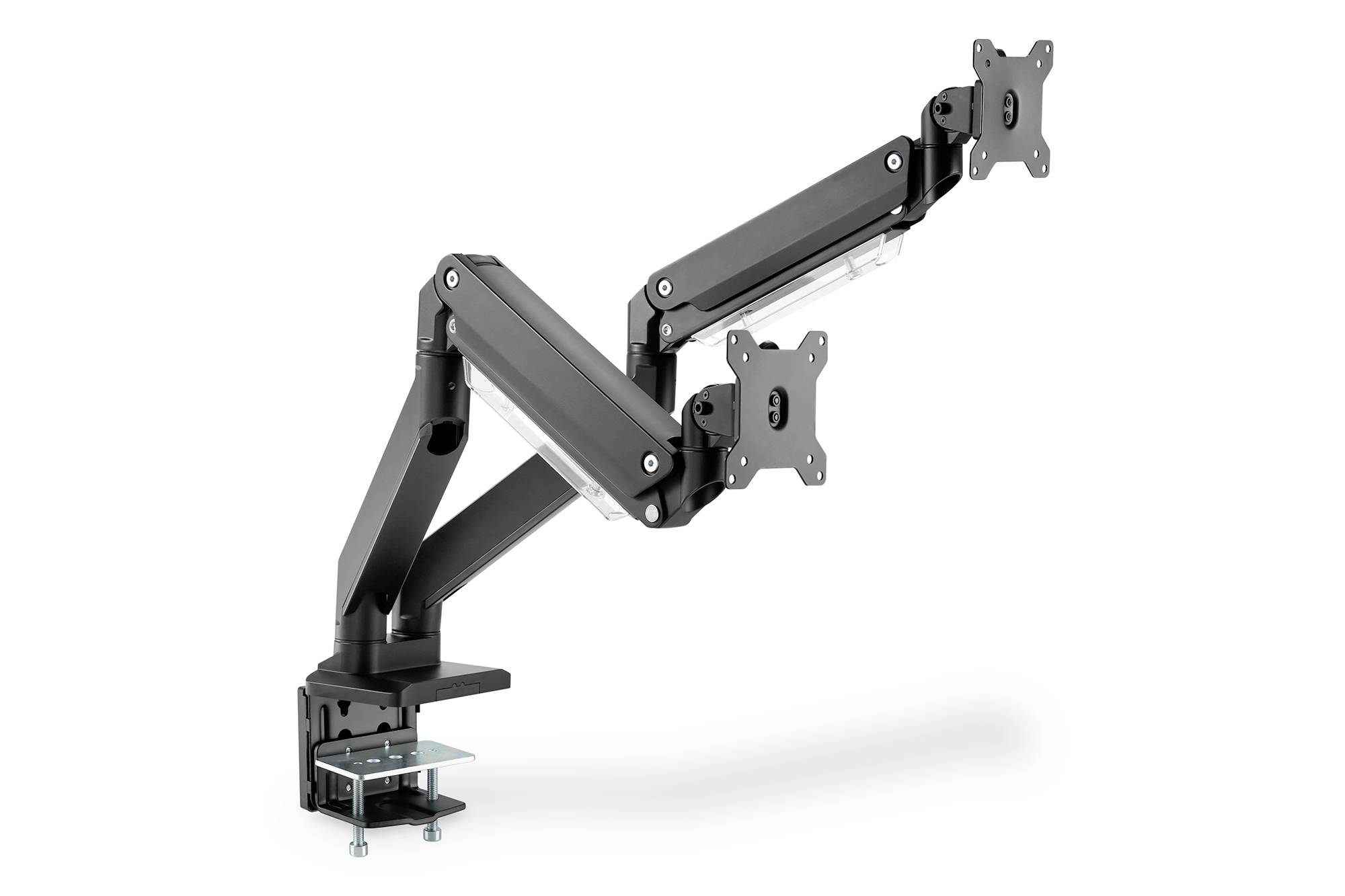 Justerbar monitorarm med två leder, svart, bordsmonterad. Passar för flexibel placering av monitorer på kontoret.