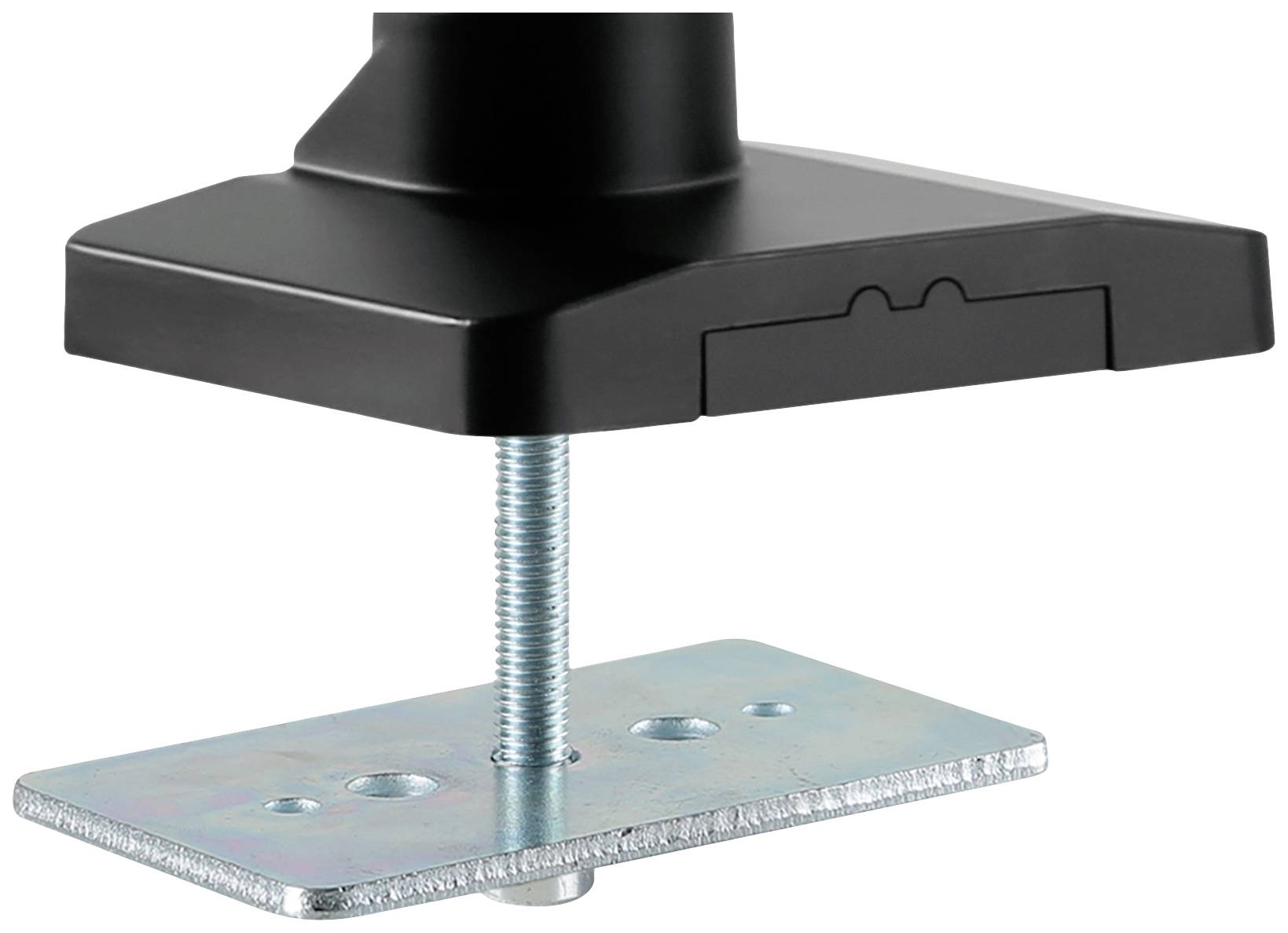 En svart bordshållare med justerbar metallskruv och rektangulär metallplatta, lämplig för att stabilisera monitorarmar på ett bord.