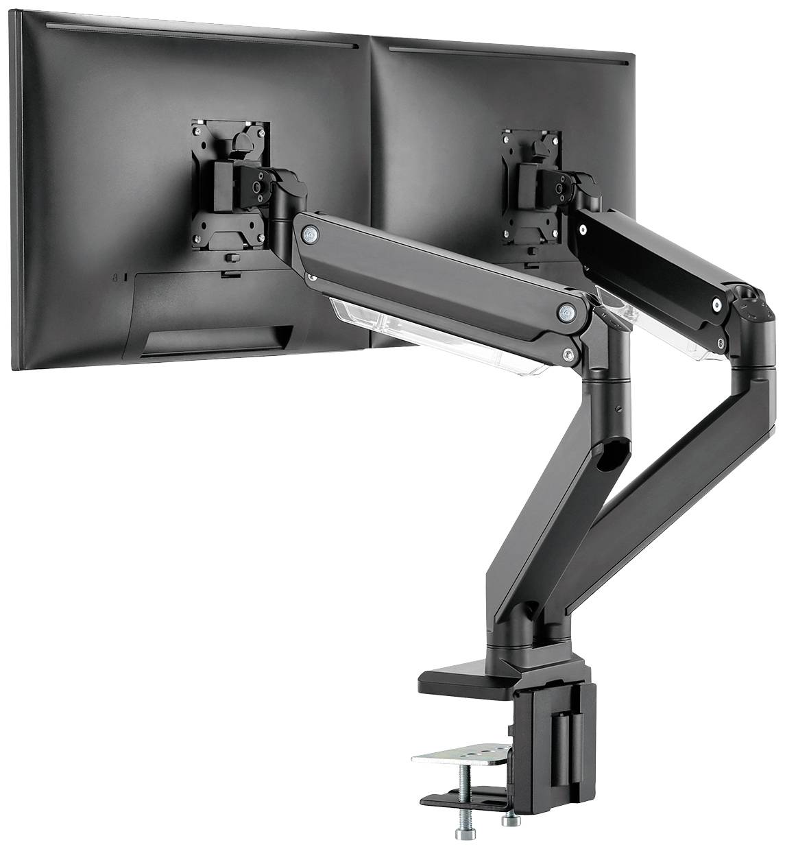 Två svarta monitorarmar av metall, fästa vid ett skrivbord, håller två skärmar höjdjusterbara bredvid varandra.