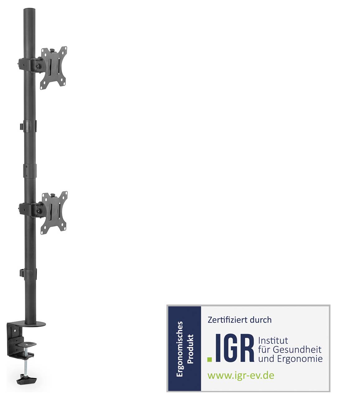 En ergonomisk produkt med dubbel monitorhållare, certifierad av 'Institutet för Hälsa och Ergonomi'.