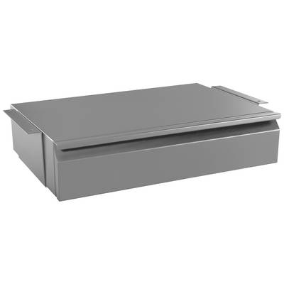 Grå, rektangulär metallåda med platt lock. Kan användas som ventilationskomponent eller schaktlock i ett ventilationssystem.