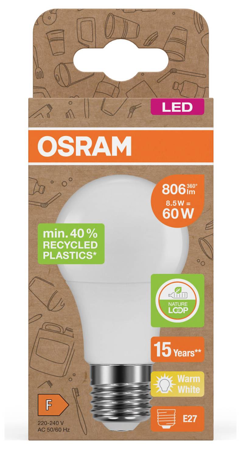 OSRAM LED-glödlampa för E27-sockel, 8,5W motsvarar 60W, varmvit, 15 års livslängd, tillverkad med min. 40% återvunnen plast.