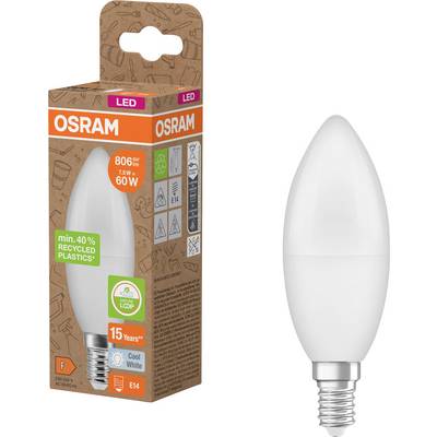 OSRAM LED-ljusformad glödlampa i förpackning, märkt 7,5W, 806 lm, ersättning för 60W, kallvit, E14-sockel, 15 år.