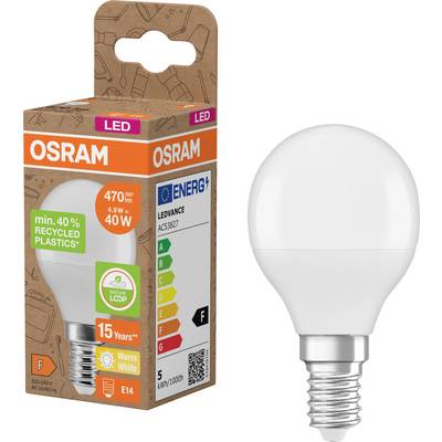 OSRAM LED-lampa visad vid sidan av sin förpackning, märkt 470 lumen, 4,9W, varmvit, E14-sockel och 15 år på förpackningen.