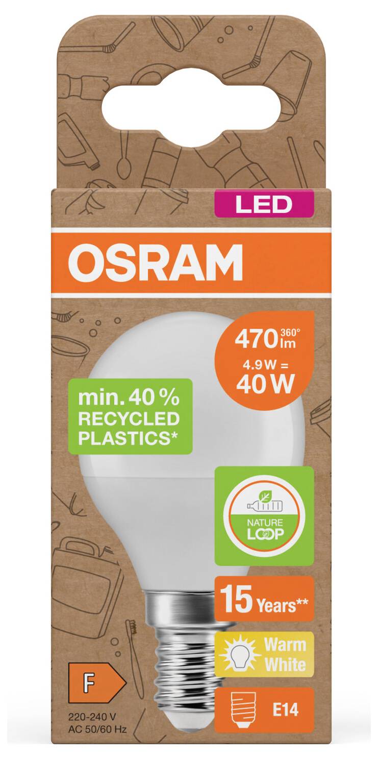 OSRAM LED-ljuskälla förpackning, visar 470 lumen, 4,9 W motsvarande 40 W, varmvit, E14 sockel, minst 40% återvunnen plast, 15 år, energiklass F.