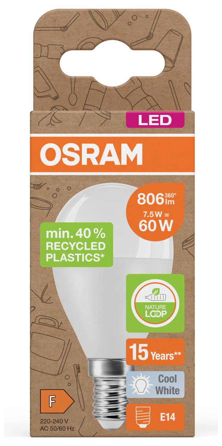 OSRAM LED-glödlampa, 806 lm, 7,5 W, motsvarar 60 W, E14-sockel, kallvit, minst 40% återvunnen plast, 15 år, energiklass F.