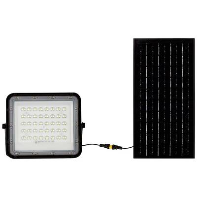 En LED-sollampa med en svart solpanel bredvid, sammanbunden med en kabel.
