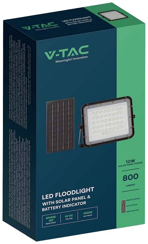 Förpackning för en V-TAC LED-strålkastare med solpanel. Etikett: 'LED-strålkastare', '10W', '800 LUMEN', lämplig för utomhusbruk.