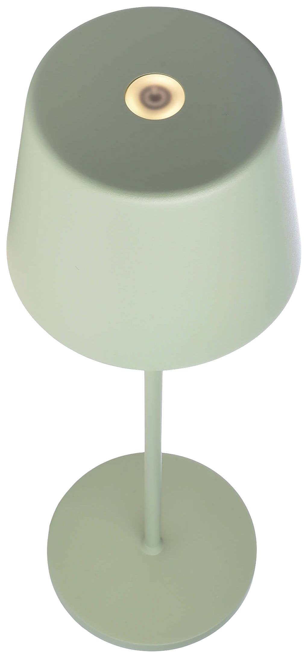 En enkel, modernt designad bordslampa med grön skärm och rund bas, sedd ovanifrån.